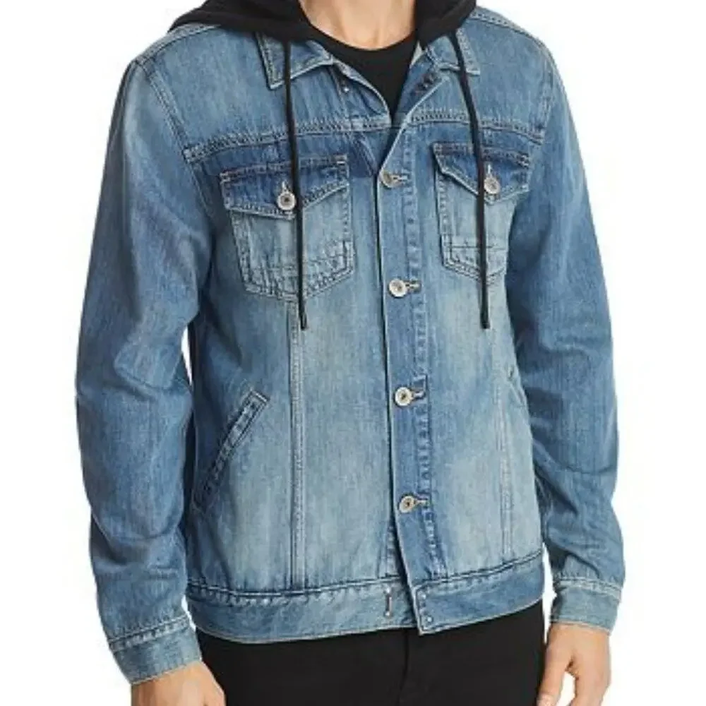 Paige Scout Mid-Wash Denim Jean Jacket with Black Drawstring Hoodie Size XL